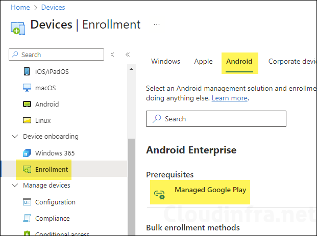 Click Managed Google Play under Android tab