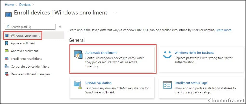 Intune Windows Enrollment Automatic Enrollment
