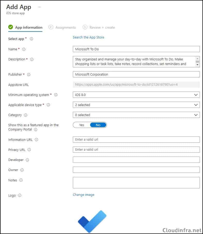 Application Information Form Microsoft Intune