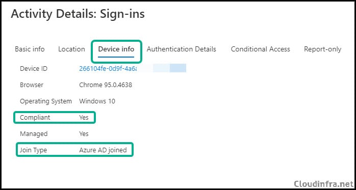 Azure AD Sign in logs shows device compliant state