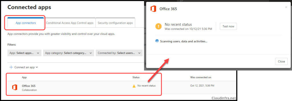 MCAS App connector for Office 365 - No recent status