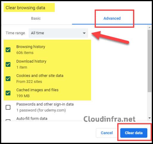 Google Chrome Cache Clear browsing data window