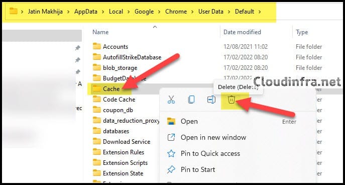 Google Chrome cache folder delete