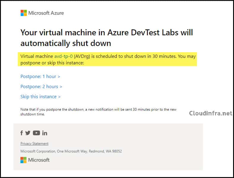 Auto shutdown Microsoft Azure Virtual Machine Email Notification