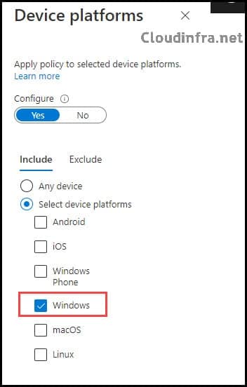 Select Windows devices under Device platforms