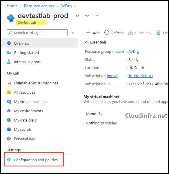 Click on Configuraiton and policies in devtestlab