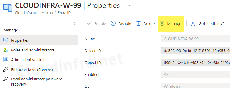 Click on Manage to manage the Intune-managed device