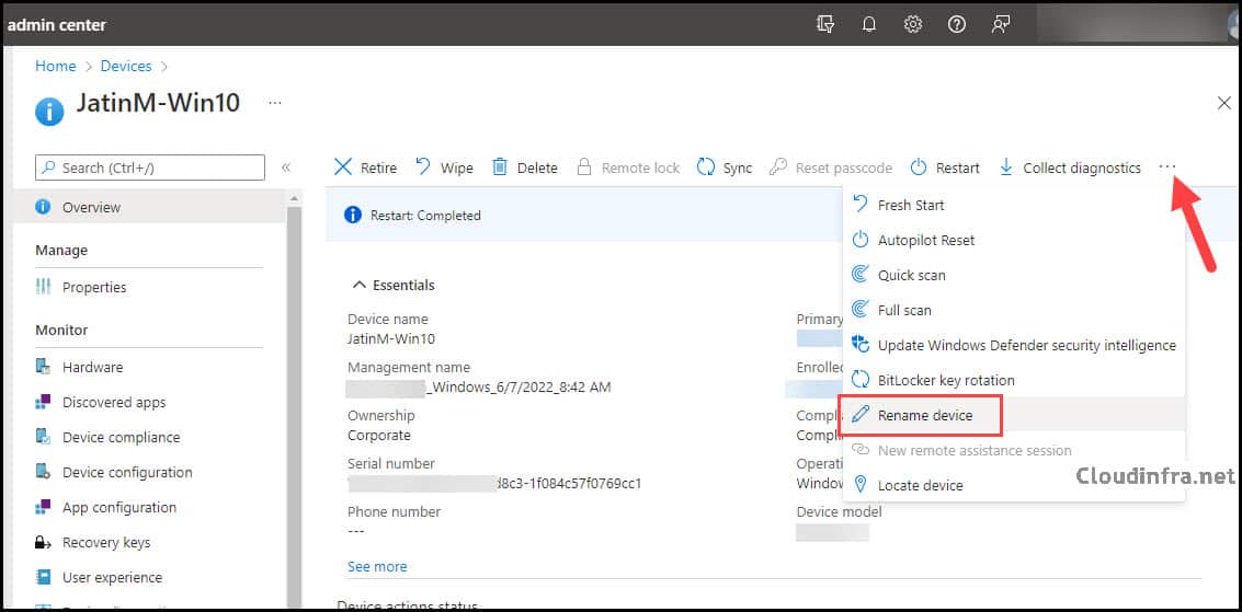 Rename a device using Intune admin center - Rename device option
