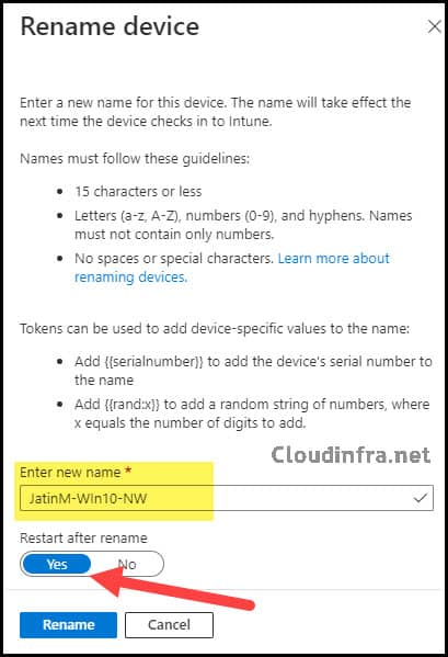 Rename device and Restart option on Intune admin center