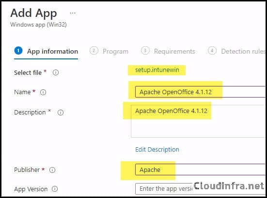 Intune Add Win32 App Program Tab Apache OpenOffice