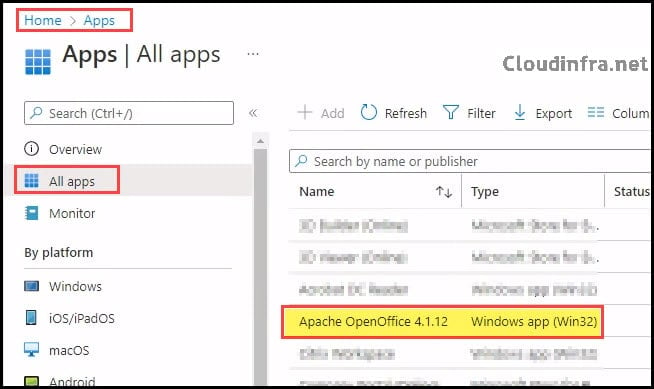 Intune All Apps Application Pane Apache OpenOffice
