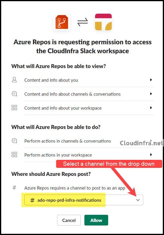 Add Azure Repos app to Slack Workspace