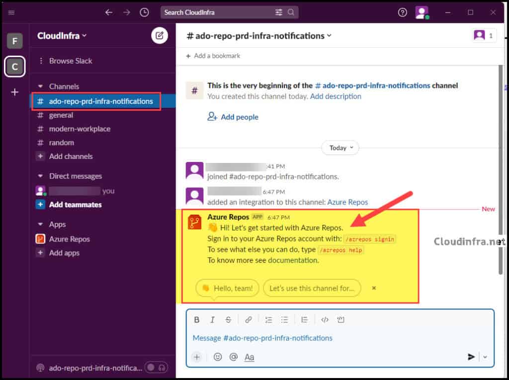 Add Azure Repos app to Slack Workspace