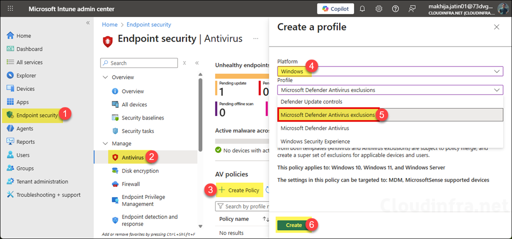 Create the Antivirus exclusions policy