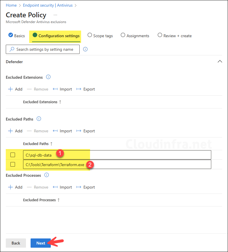 Create Defender AV Exclusions via Endpoint Security