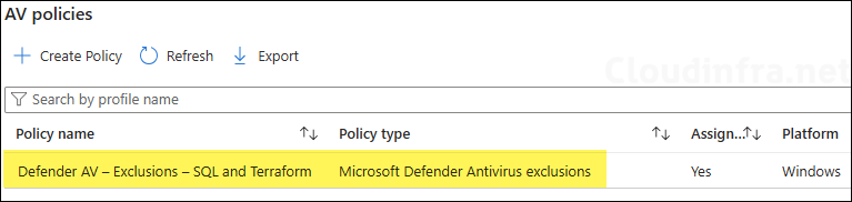 Defender AV – Exclusions – SQL and Terraform created