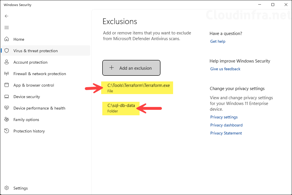 Confirm Defender AV Exclusions using GUI