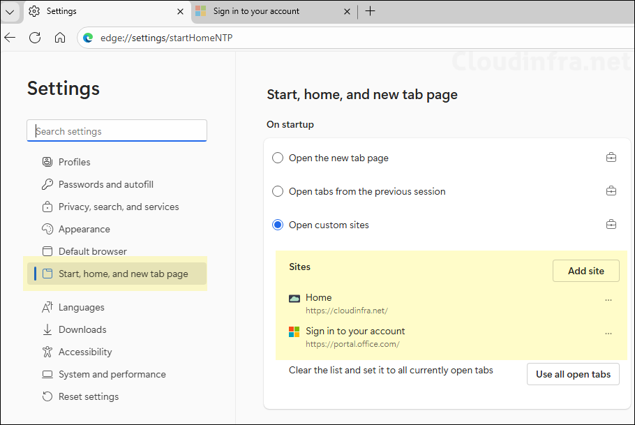 Allow users to add their startup pages setting intune