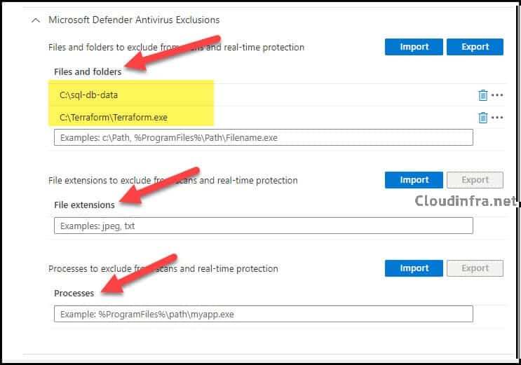 Add Files/Folders/Processes which you want to Exclude from Defender Scanning on Intune admin center