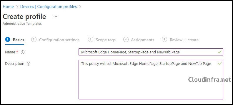 Create a new Device configuration profile for Edge browser settings configuration