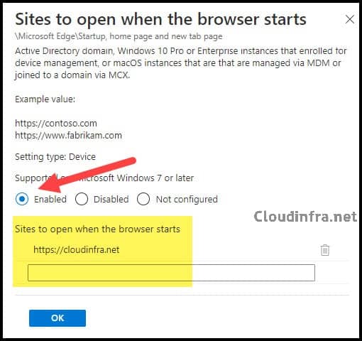 Sites to open when the browser starts