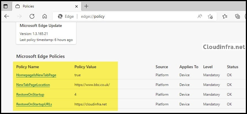 Verify Edge Policies using Edge browser settings