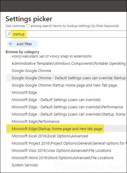 Edge Startup, home page and new tab page settings catalog category