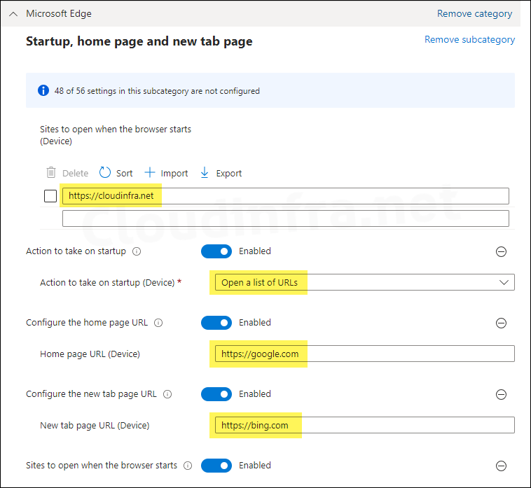 On Configuration settings tab, provide the Startup, home page and new tab page URLs