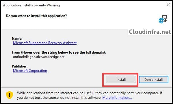 Microsoft Support and Recovery Assistant Application Installation Install button
