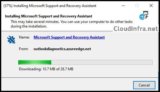 Microsoft Support and Recovery Assistant Application Installation Progress.