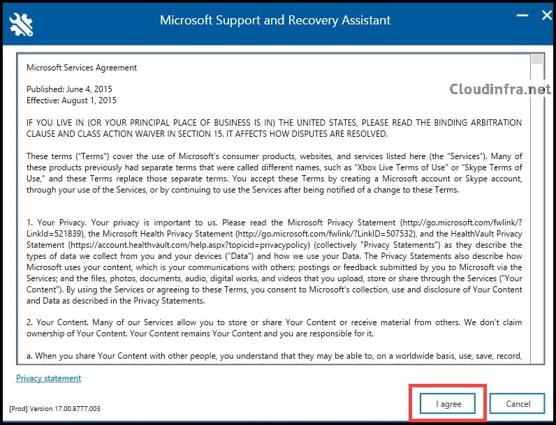 Microsoft Support and Recovery Assistant Application Installation Service Agreement Page.