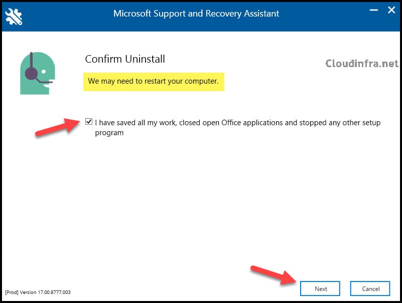 Microsoft Support and Recovery Assistant Restart computer window