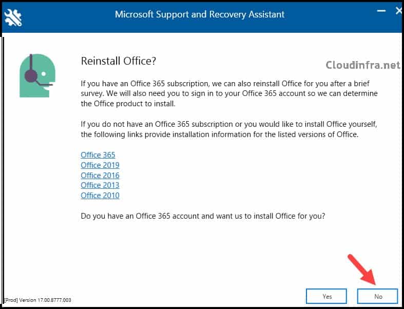 Microsoft Support and Recovery Assistant Reinstall Office screen.
