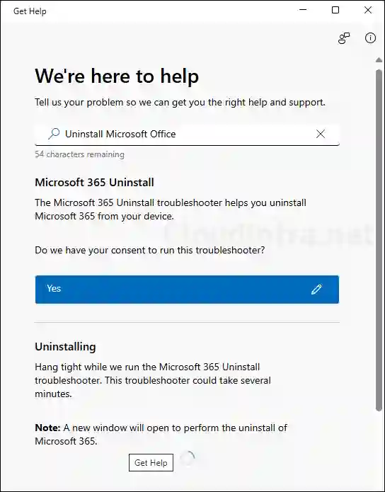 Use of Get Help tool on Windows 11 to Uninstall Microsoft office