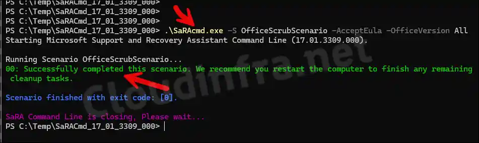Execute Saracmd.exe command to remove/uninstall Microsoft Office