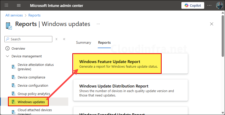 Export Windows Feature Update Report via Intune