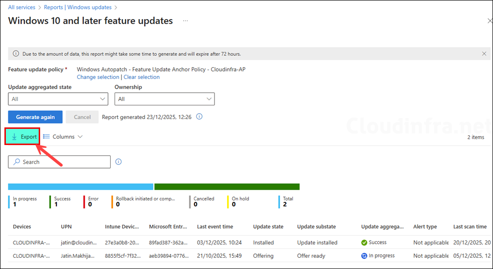 Export feature update report