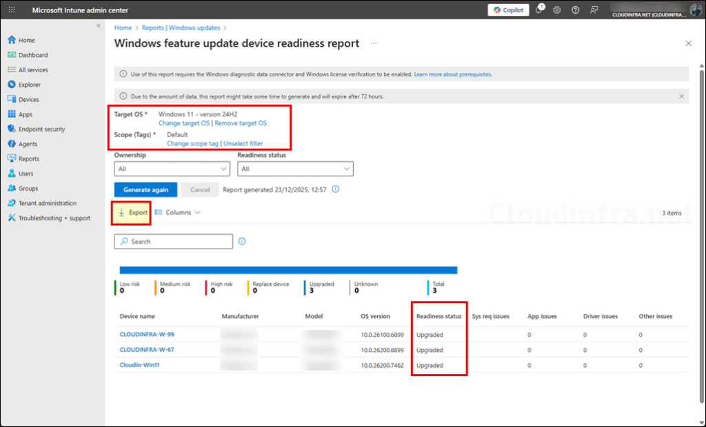 Export Windows Feature Update Compatibility Reports