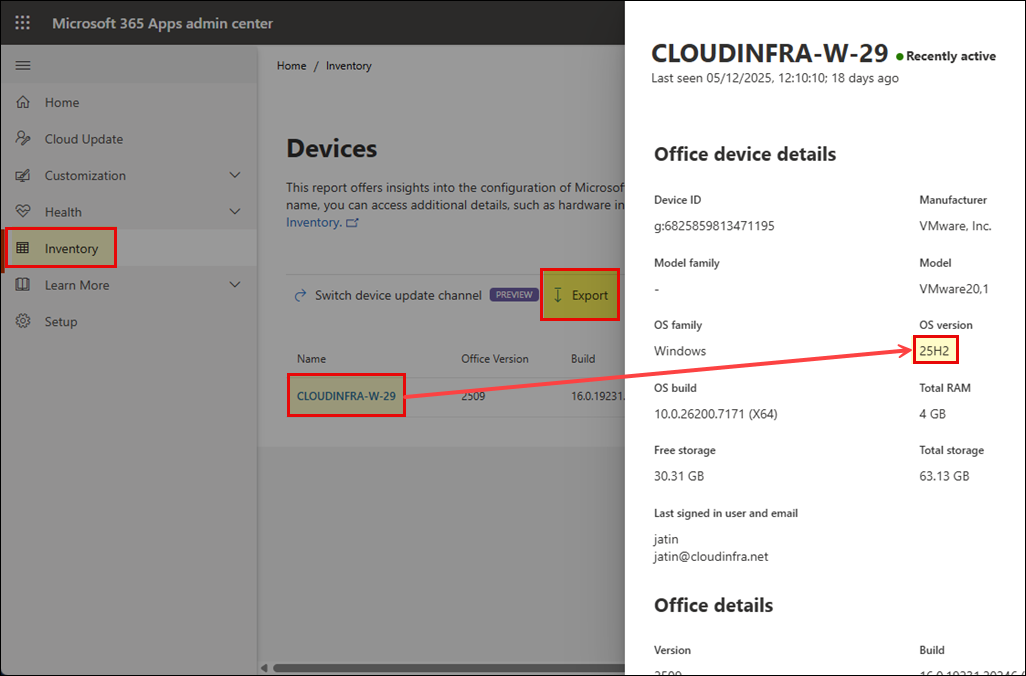 Export Feature Update Report from M365 Apps Admin Center