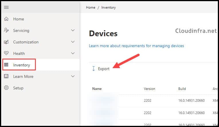 Export Feature Update report from Microsoft 365 Apps Admin Center