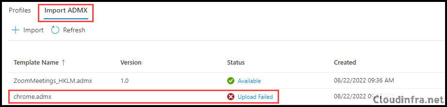 Import ADMX files in Intune Upload Failed