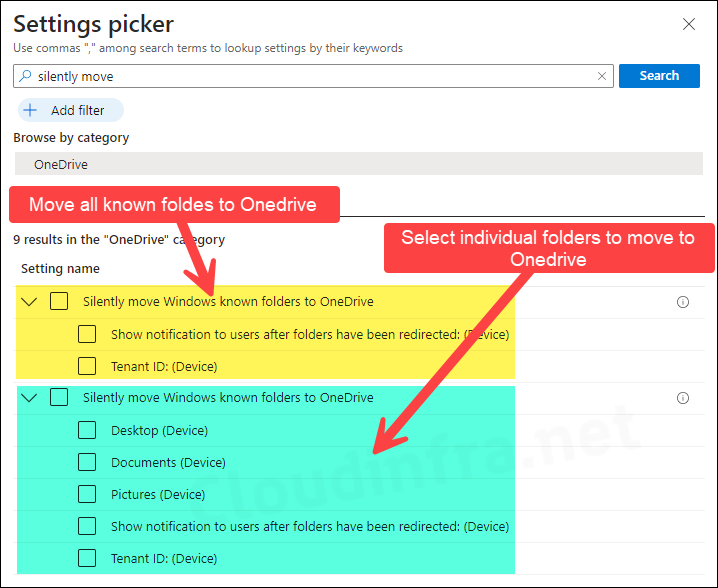 Silently move Windows known folders to OneDrive policy in Settings Catalog