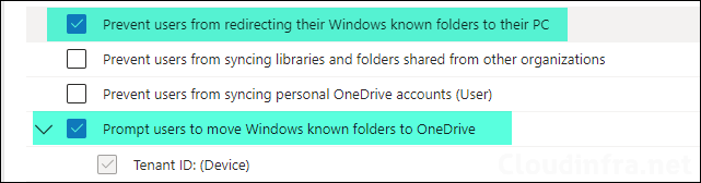 Prompt users to move Windows known folders to OneDrive policy in settings catalog