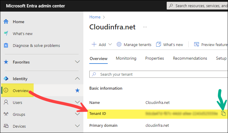 Copy Tenant ID of your organization from Entra admin center