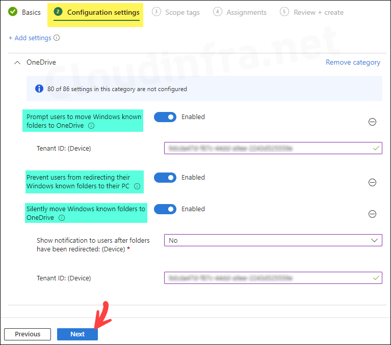 Configure Onedrive KFM Policy settings on Intune