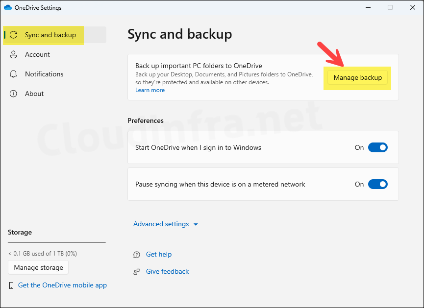 Sync and backup > click on Manage backup button 