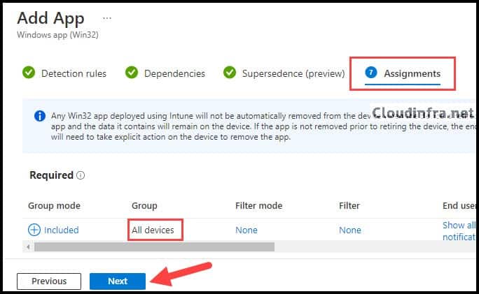 Assign the app either to Azure AD group or All devices