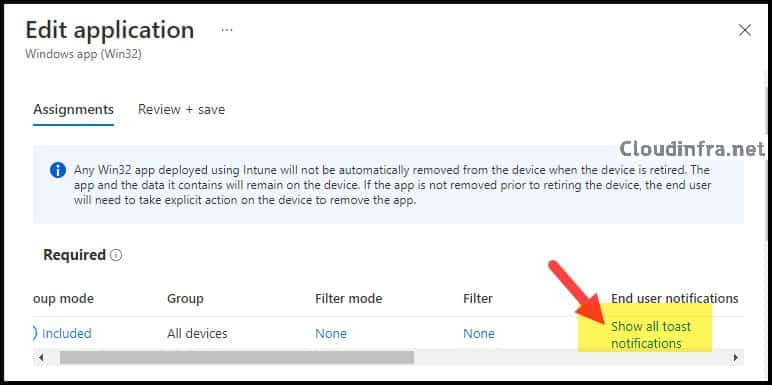 Show all toast notifications option in App deployment package on Intune admin center