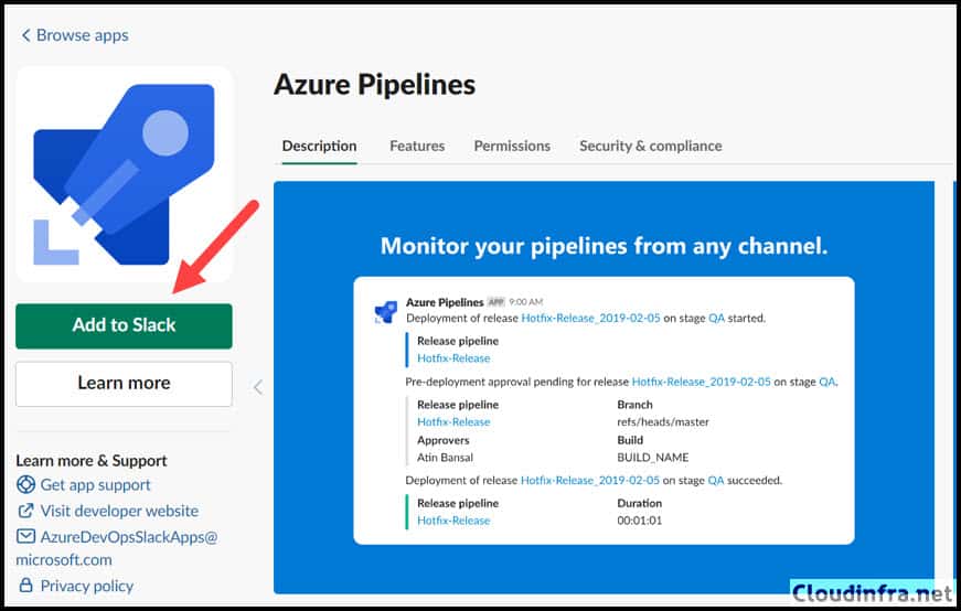 Install Azure Pipelines app to Slack Workspace
