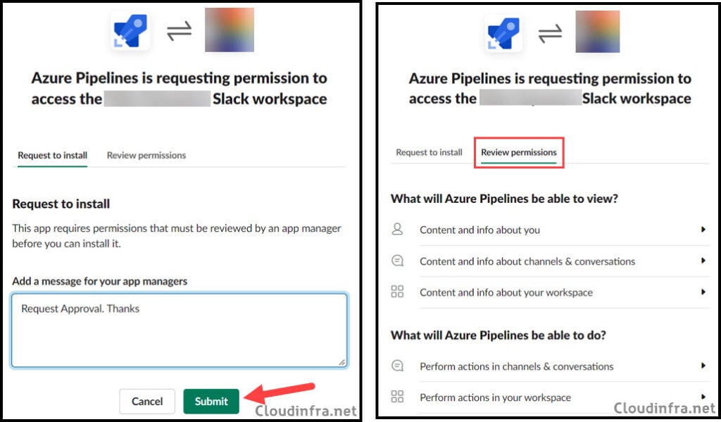 Azure Pipelines requesting permissions to slack 